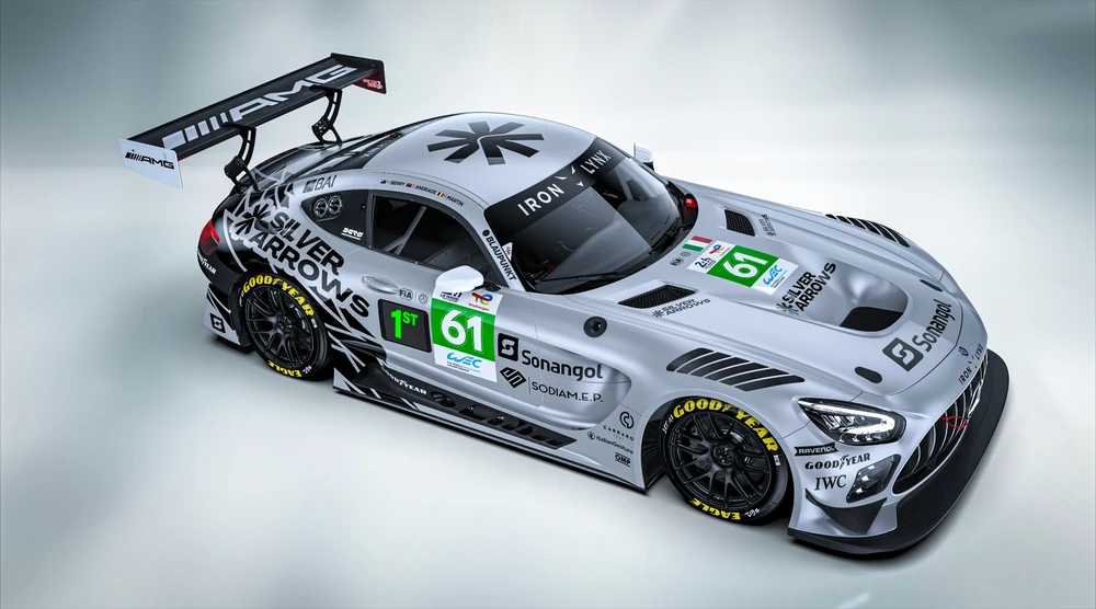 Silver Arrows-liveried number 61 Mercedes-AMG GT3 with Iron Lynx branding